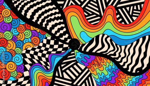 Zentangle coloring page for adult. Psychedelic groovy elements.