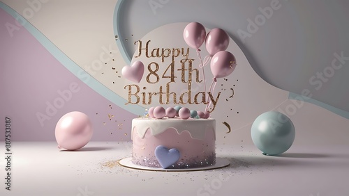 Minimalist 3D Pastel theme Happy 84th Birthday Background With Illustration Of Cake, Balloons, Heart And Confetti, 3d Happy Birthday Background photo