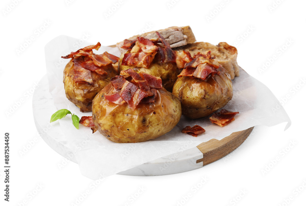 Delicious baked potatoes with bacon and bread isolated on white Delicious baked potatoes with bacon and bread isolated on white