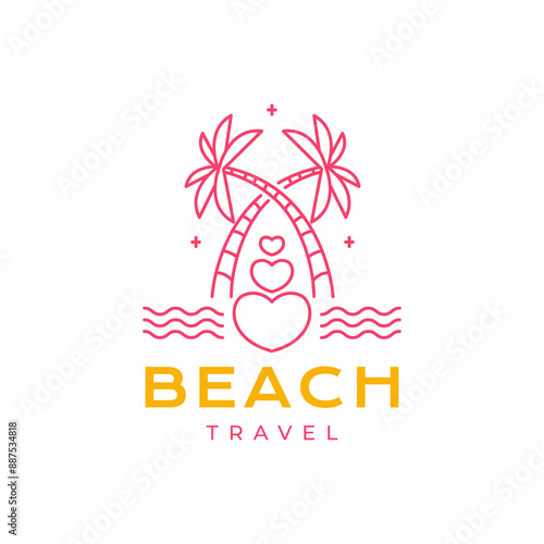 beach vacation holiday coconut tree wave line color logo design vector