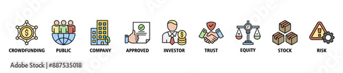 Ipo banner web icon set vector illustration symbol concept of initial public offering with icon of crowdfunding, public company, approved, investor, trust, equity, stock and risk