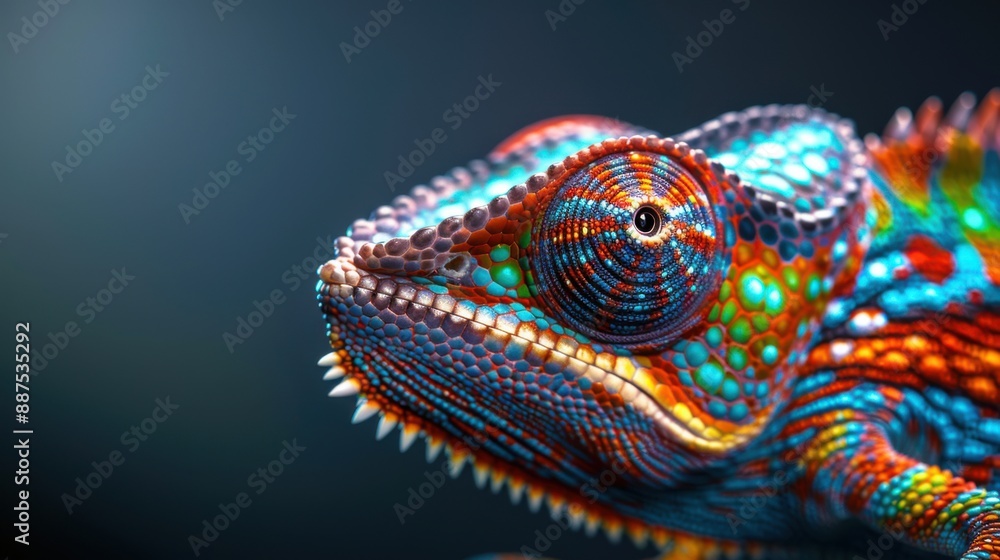 Obraz premium Detailed close-up shot of a chameleon's skin captured with a professional DSLR camera, emphasizing the dynamic color shift of chromatophores and the fine texture of scales and ridges