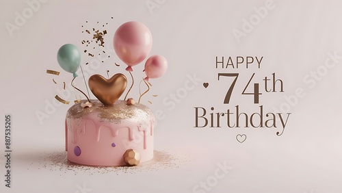 Minimalist 3D Pastel theme Happy 74th Birthday Background With Illustration Of Cake, Balloons, Heart And Confetti, 3d Happy Birthday Background photo