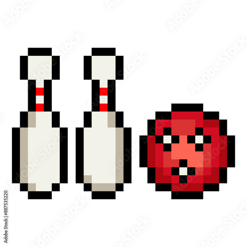 Bowling ball and bowling pins in 8 bit pixel art style