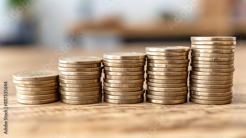 Five stacks of coins from low to high on wooden table over blur background. Piles of coin increasing in height, symbolizing financial growth, savings for future, investment, growing graph and Business