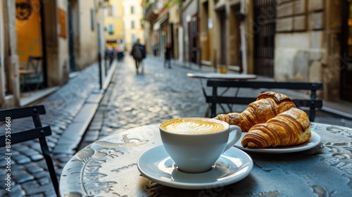 Fototapeta Naklejka Na Ścianę i Meble -  A charming Italian cafe table with a classic cappuccino and a freshly baked cornetto on a plate