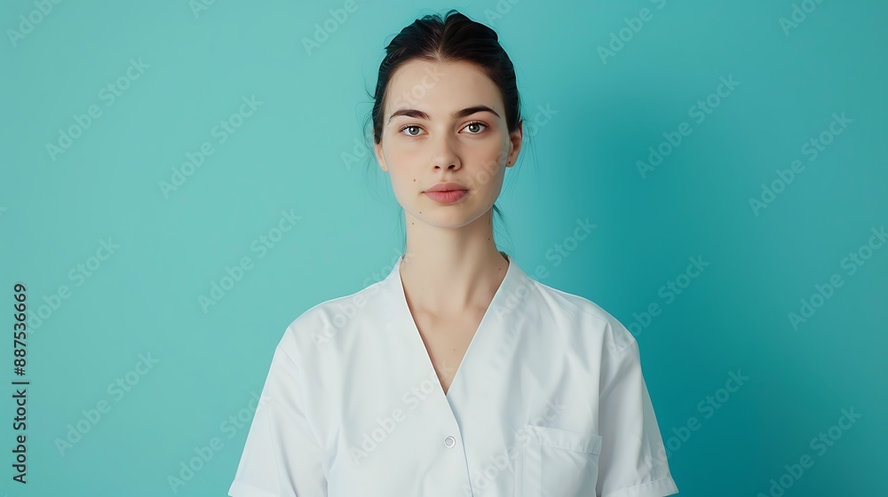 Confident Female Nurse in White Uniform Standing on Turquoise Background Confident Female Nurse in White Uniform Standing on Turquoise Background