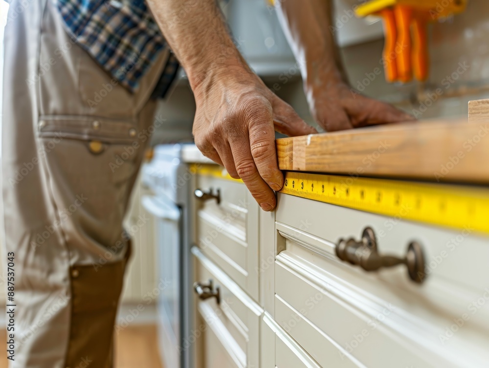 A close-up of a worker using a tape measure to ensure accurate placement of kitchen cabinet handles A close-up of a worker using a tape measure to ensure accurate placement of kitchen cabinet handles