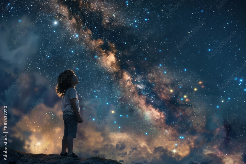 A child standing under a night sky filled with stars and the Milky Way, looking up in amazement A child standing under a night sky filled with stars and the Milky Way, looking up in amazement
