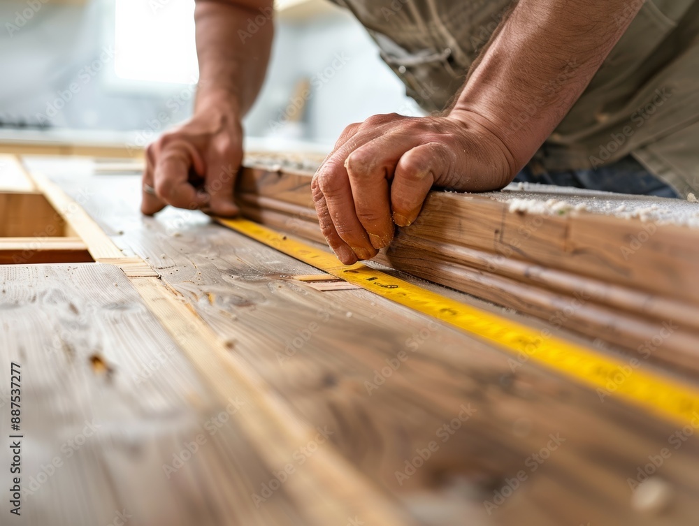 A close-up of hands measuring and marking for the precise placement of new cabinet hardware A close-up of hands measuring and marking for the precise placement of new cabinet hardware