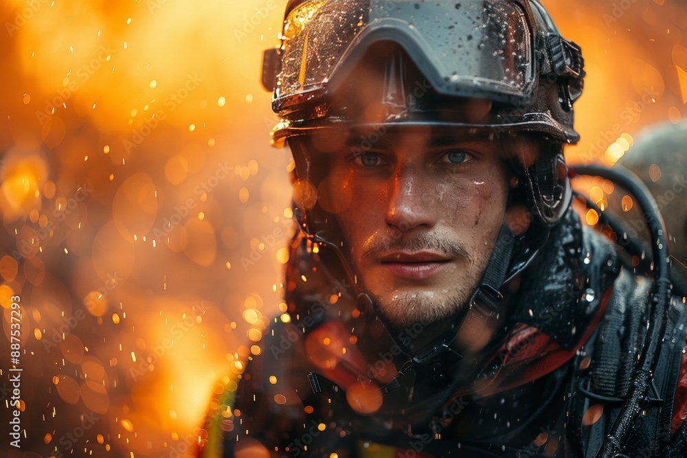 Firefighter in full gear extinguishing fire with water hose under bright sunlight in front view Firefighter in full gear extinguishing fire with water hose under bright sunlight in front view