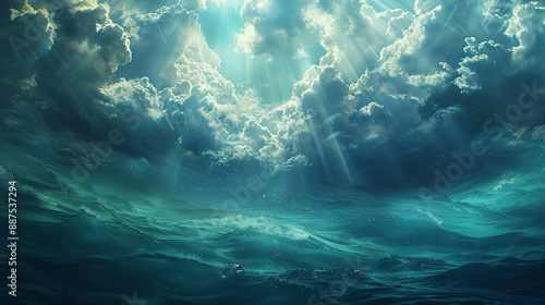 ocean with clouds, sun rays shining on the water surface, view from underwater to above sea level photo