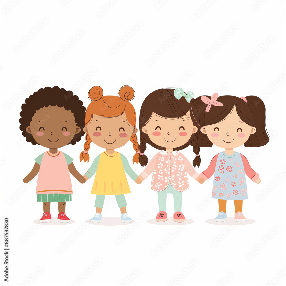 Illustration of four smiling young girls holding hands, showcasing friendship and diversity in a playful, cartoon style. Illustration of four smiling young girls holding hands, showcasing friendship and diversity in a playful, cartoon style.