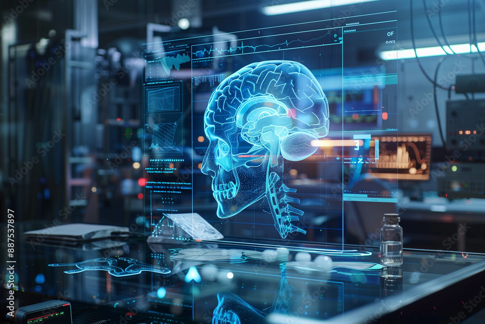 3d rendered illustration of a body and brain for medical technology AI in medicine and science computing systems. Information data in hospitals and doctors in digitalization 3d rendered illustration of a body and brain for medical technology AI in medicine and science computing systems. Information data in hospitals and doctors in digitalization