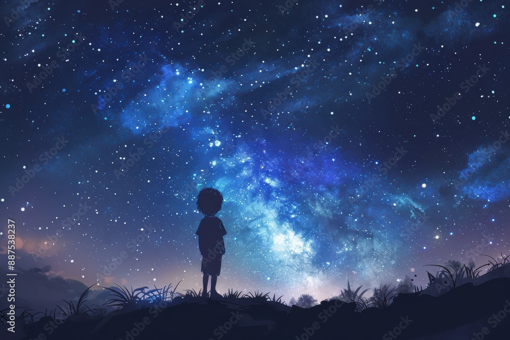 A child standing under a night sky filled with stars and the Milky Way, looking up in amazement A child standing under a night sky filled with stars and the Milky Way, looking up in amazement