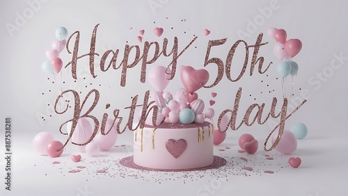 Minimalist 3D Pastel theme Happy 50th Birthday Background With Illustration Of Cake, Balloons, Heart And Confetti, 3d Happy Birthday Background