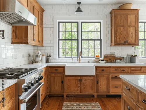 A photo of a classic galley kitchen with its original white subway tile backsplash and wooden cabinets meticulously restored and updated with modern hardware