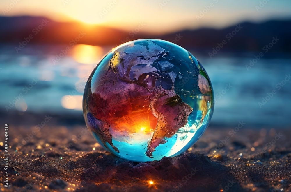 crystal globe on the beach in the sunrise. protect environment concept crystal globe on the beach in the sunrise. protect environment concept