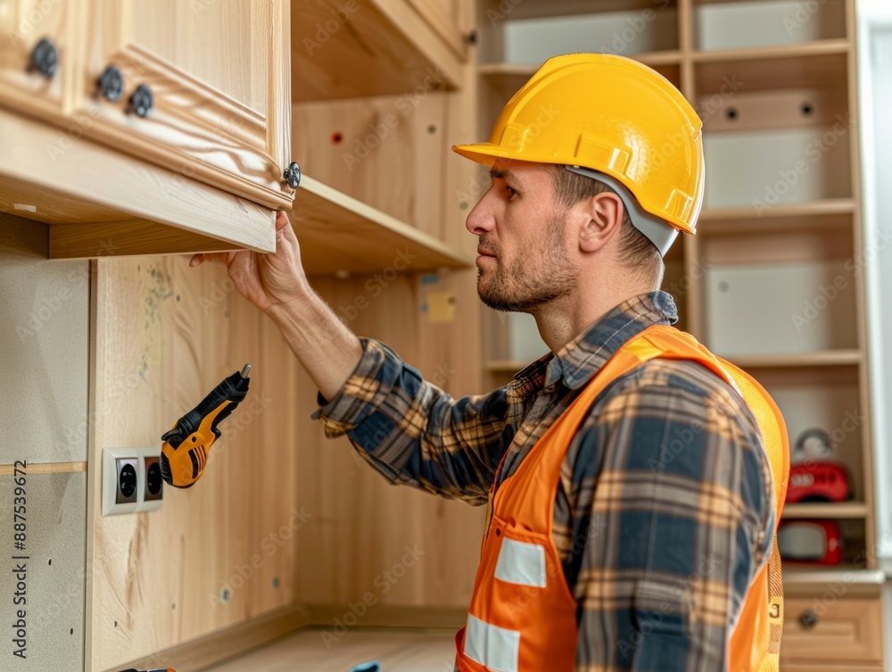 A technician using a stud finder to locate wall studs for securely mounting new kitchen cabinets A technician using a stud finder to locate wall studs for securely mounting new kitchen cabinets