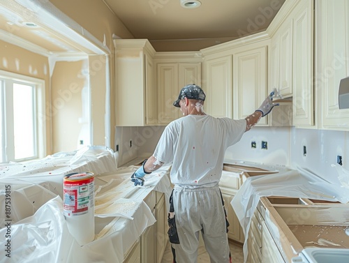 A worker applying a coat of primer to new kitchen cabinets preparing them for painting