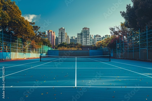 A blue tennis court with buildings in the background