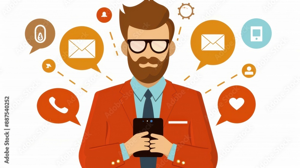 Businessman linking tech devices app icons to phone for AI art creation. Businessman linking tech devices app icons to phone for AI art creation.