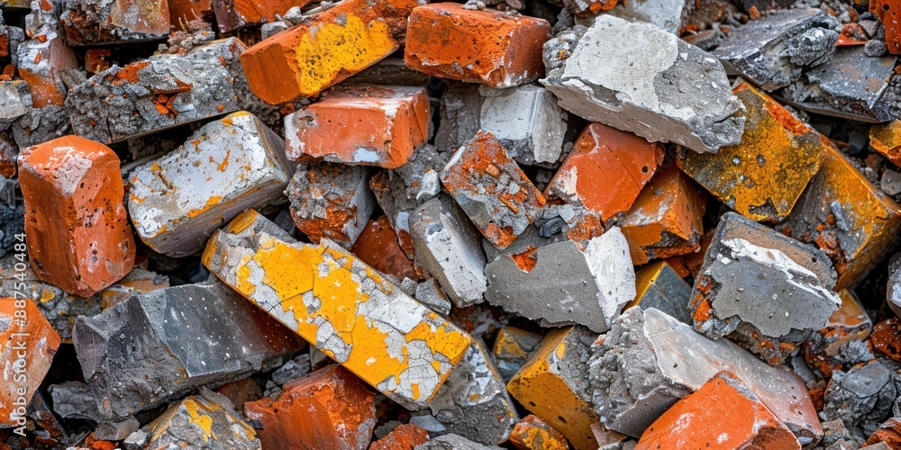 Close-up view of broken bricks and concrete debris Close-up view of broken bricks and concrete debris