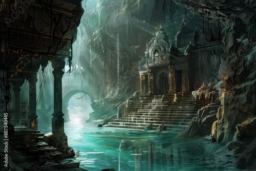 Ancient temple ruins overgrown by jungle vegetation in a flooded cavern