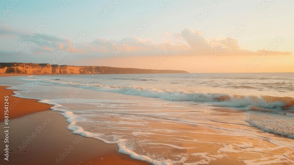 Golden Beach at Sunset with Gentle Waves and Scenic Coastal Cliffs Golden Beach at Sunset with Gentle Waves and Scenic Coastal Cliffs
