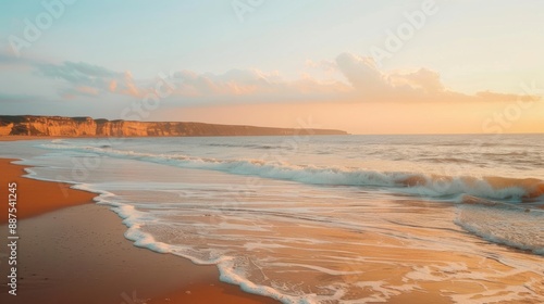 Wallpaper Mural Golden Beach at Sunset with Gentle Waves and Scenic Coastal Cliffs Torontodigital.ca