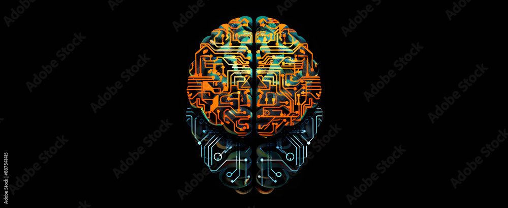 Fototapeta premium A glowing orange digital brain is superimposed on a dark background filled with intricate blue and red circuit patterns. The image conveys the concept of artificial intelligence design