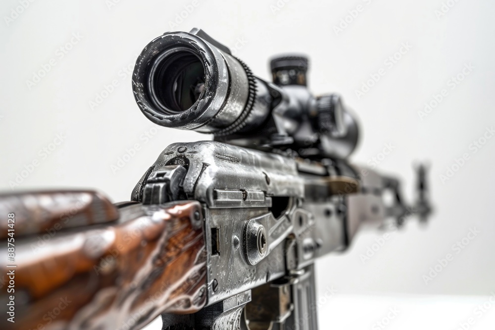 A close-up view of a rifle lying on a table, ready for use A close-up view of a rifle lying on a table, ready for use