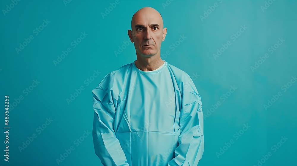 Confident Male Doctor in Blue Medical Gown on Turquoise Background Confident Male Doctor in Blue Medical Gown on Turquoise Background