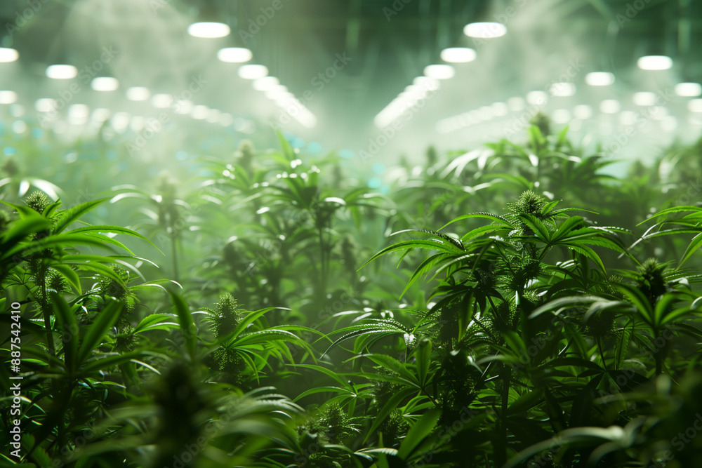 Naklejka premium commercial farming of medical cannabis plants in a modern and automated indoor greenhouse growing for medicinal purpose