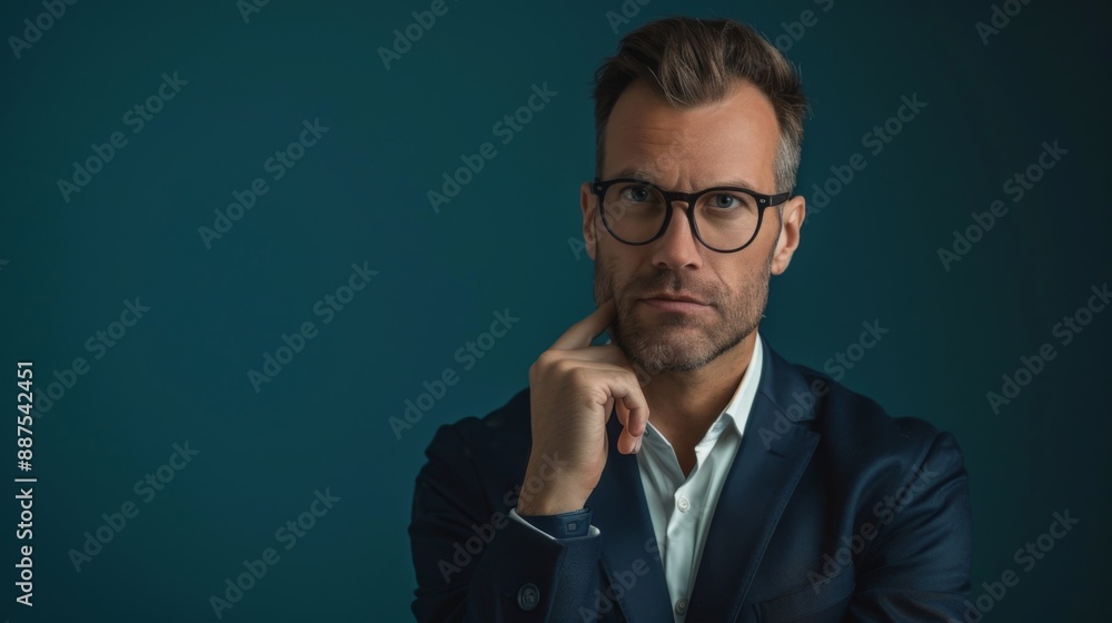 Portrait of a businessman thinking with one hand on his chin looking at camera. Copy space for text, advertising. Business, curiosity, planning, feasibility analysis, solving problem, finding solution Portrait of a businessman thinking with one hand on his chin looking at camera. Copy space for text, advertising. Business, curiosity, planning, feasibility analysis, solving problem, finding solution