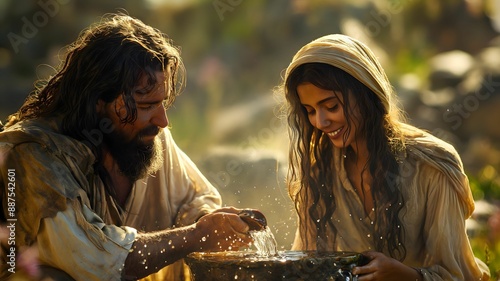 Biblical Illustration, Jesus talking with Samaritan woman at the Jacob’s well