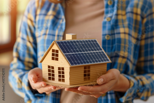 Close up of happy couple holding house with solar photovoltaic roof as green alternative energy concept for houseowners photo