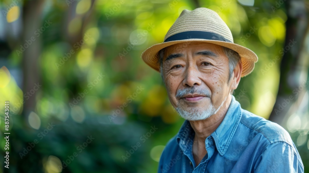 Portrait of a senior elderly mature old retired Asian Japanese man with hat on a blurred outdoor background. Concept of retirement second life Portrait of a senior elderly mature old retired Asian Japanese man with hat on a blurred outdoor background. Concept of retirement second life