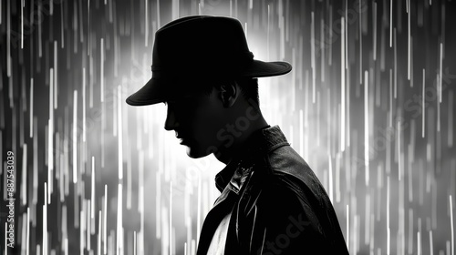 Mysteryfilled noir portrait of a man in a raincoat and hat, evoking crime noir detectives from the s. photo