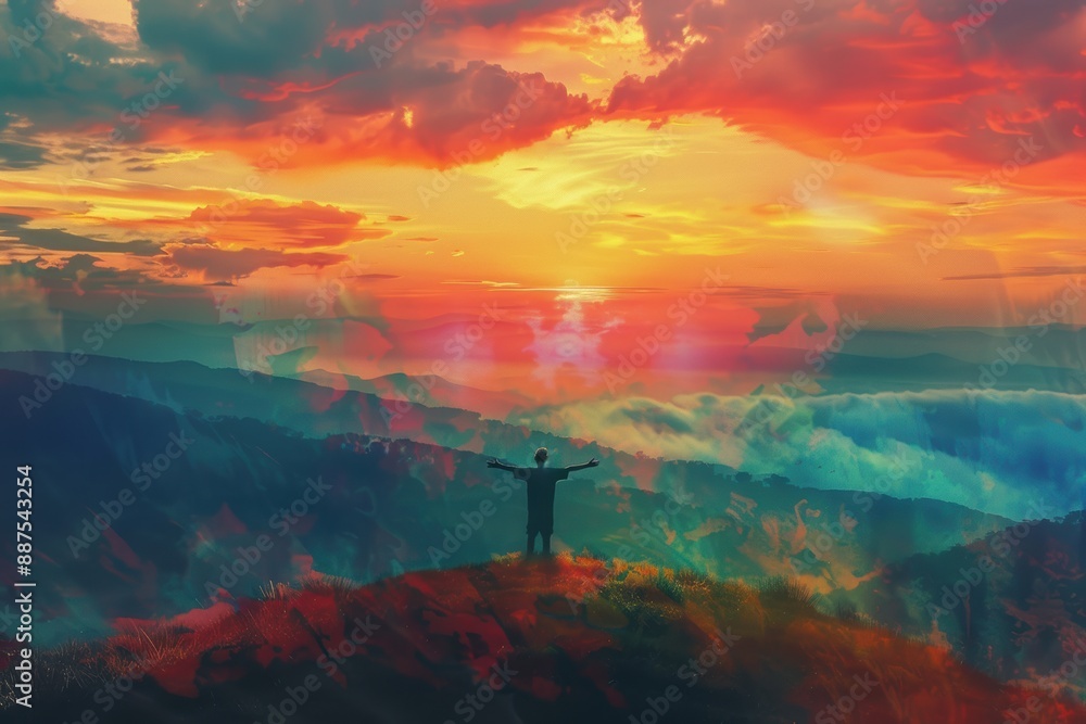 A person standing on a hilltop, arms outstretched towards a vibrant, colorful sunrise A person standing on a hilltop, arms outstretched towards a vibrant, colorful sunrise