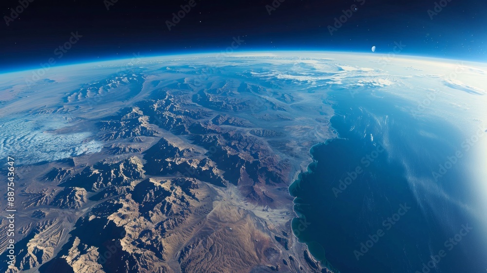 A panoramic view of Earth's curvature, showcasing a vast mountain range reaching towards a blue expanse of coastal waters, with a small moon visible in the distance A panoramic view of Earth's curvature, showcasing a vast mountain range reaching towards a blue expanse of coastal waters, with a small moon visible in the distance