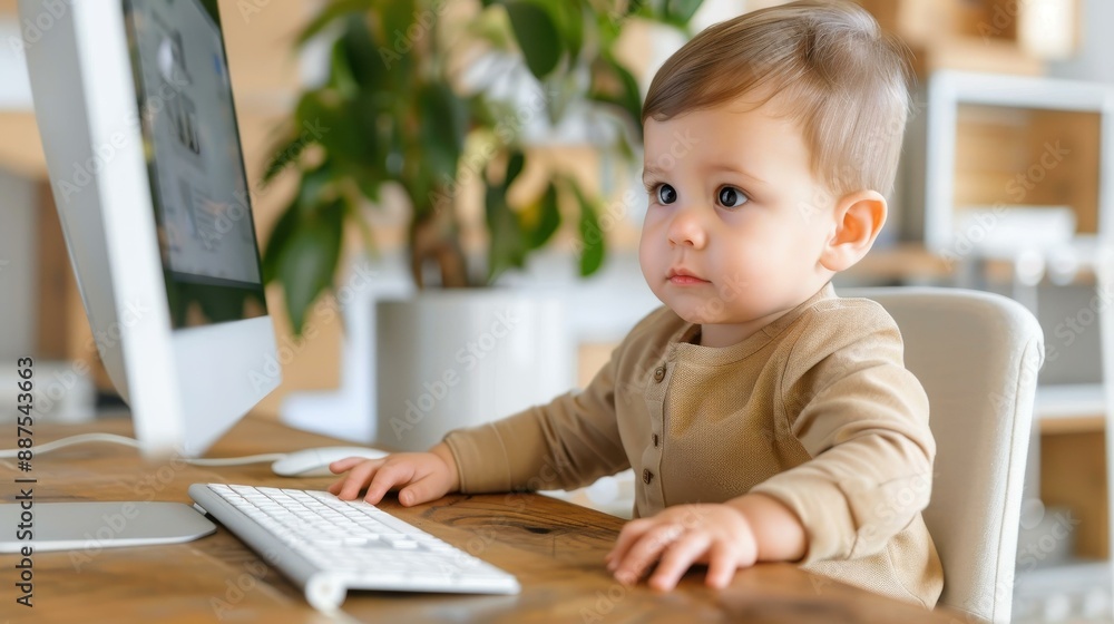 Child with computer facing learning struggles at home. Online tutoring, educational challenges, concept. Child with computer facing learning struggles at home. Online tutoring, educational challenges, concept.