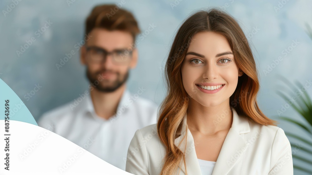Elegant professional woman and attractive man collaborating by the flipchart in a stylish office setting. Elegant professional woman and attractive man collaborating by the flipchart in a stylish office setting.