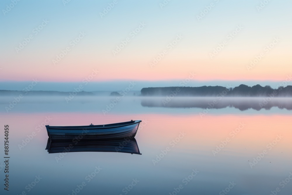 A quiet lake at sunrise, the water perfectly still and reflecting the pastel colors of the sky, a small boat drifting gently A quiet lake at sunrise, the water perfectly still and reflecting the pastel colors of the sky, a small boat drifting gently