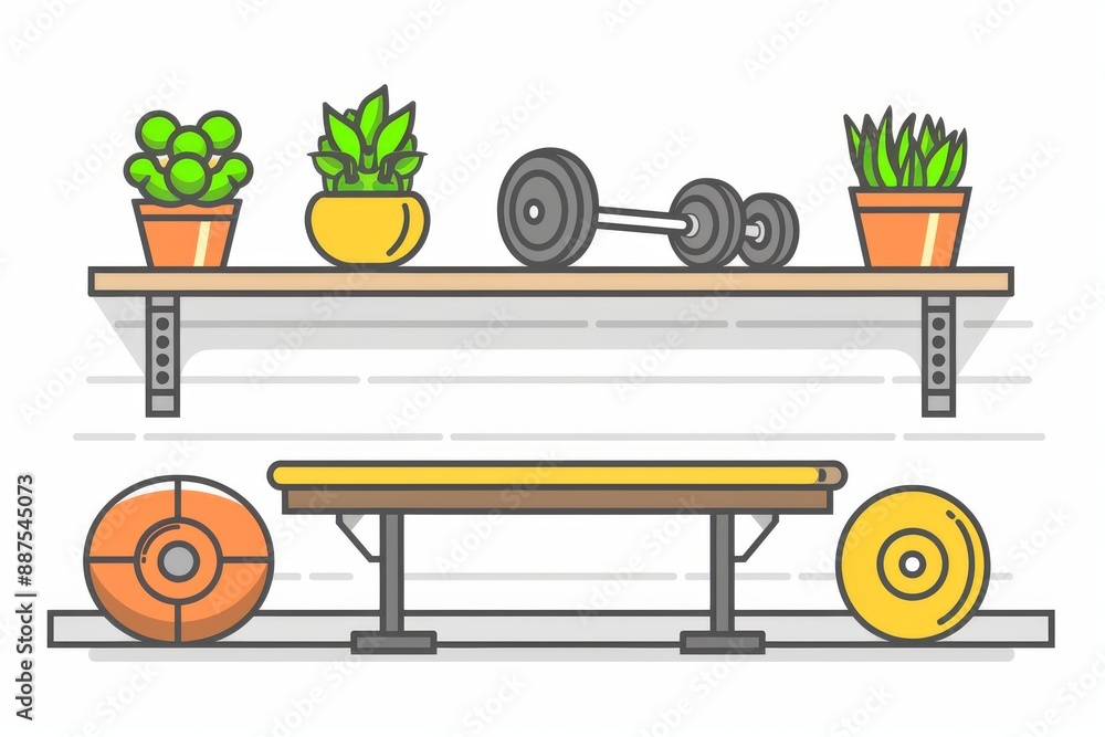 Neat gym shelf illustration with weights and plants blending fitness and decor elements Neat gym shelf illustration with weights and plants blending fitness and decor elements