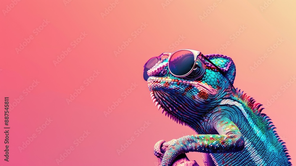 Chameleon wearing sunglasses on a solid color background. Chameleon wearing sunglasses on a solid color background.