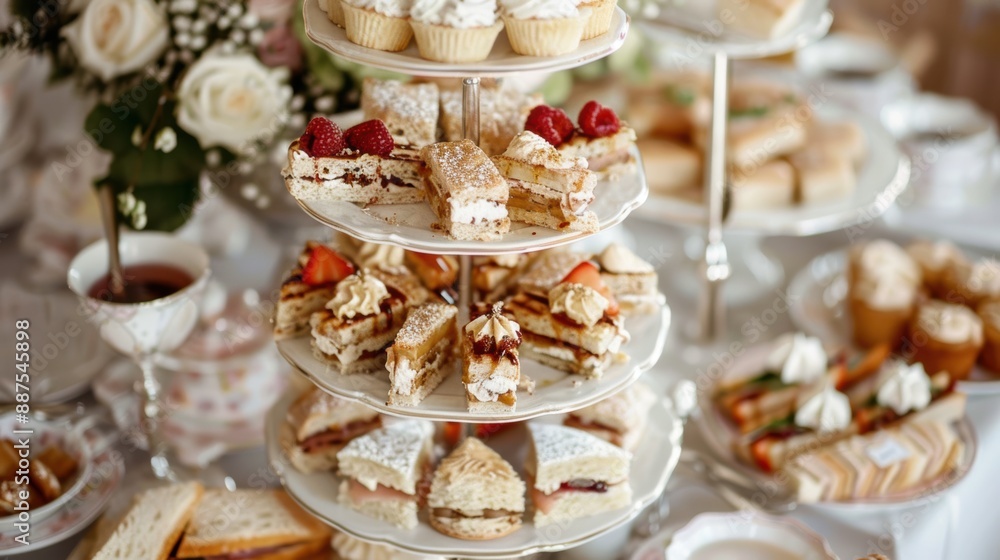 An elegant dessert table at a wedding reception, adorned with an assortment of cakes, cupcakes, and cookies An elegant dessert table at a wedding reception, adorned with an assortment of cakes, cupcakes, and cookies
