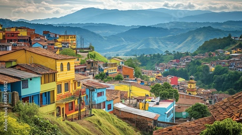 Colorful houses on a hillside with mountains.