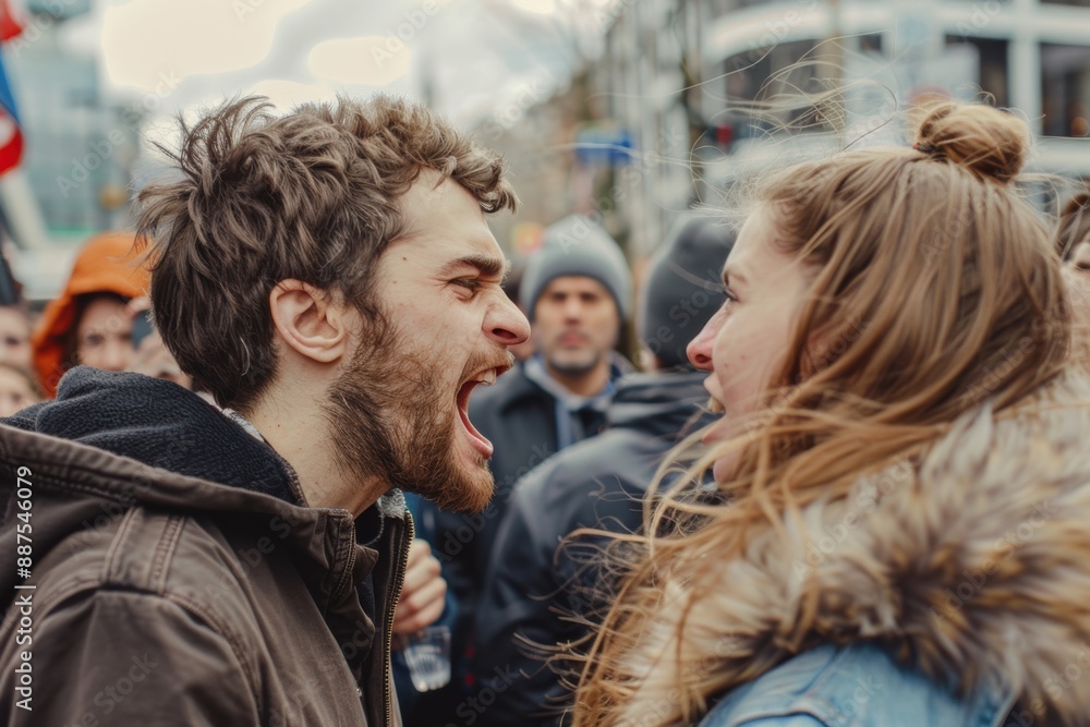 Two people engaged in a heated debate in a bustling city square, their faces intense and passionate Two people engaged in a heated debate in a bustling city square, their faces intense and passionate
