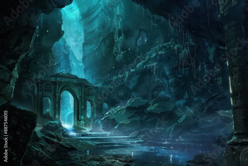 Ancient ruins of a forgotten underwater city bathed in an eerie blue light